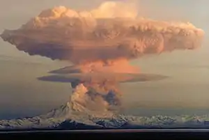 Image 4021 April 1990 eruptive column from Redoubt Volcano, as viewed to the west from the Kenai Peninsula (from Types of volcanic eruptions)