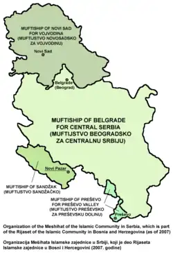 Organization of the Mešihat of the Islamic Community in Serbia, which is part of the Rijaset of the Islamic Community in Bosnia and Herzegovina (as of 2007)