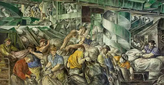 Workers sorting the mail, a mural in the Ariel Rios Federal Building, Washington, D.C, by Reginald Marsh (1936)