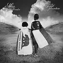 A black and white picture of two boys standing in a desert, facing away from the camera. A taller one on the right is wearing the flag of North Carolina as a cape, while the boy on the left is doing the same with the flag of California. "Murs and 9th Wonder" is written in top left corner and "The Final Adventure" is written in top right corner, both in cursive font.