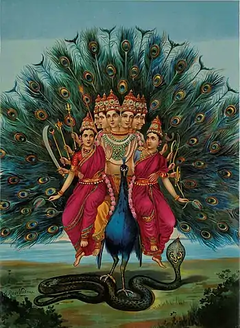 Image 11MuruganPainting: Raja Ravi VarmaMurugan, also known as Kartikeya, is the Hindu war god, worshiped particularly by Tamil Hindus. Murugan has a peacock as a mount and is often depicted with six heads and twelve arms holding a variety of weapons. His consorts, pictured here, are Valli and Deivayanai.More selected pictures