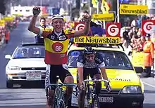 Museeuw finishing first in the 1993 Tour of Flanders