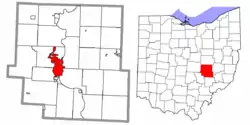 Location of Zanesville in Muskingum County and the State of Ohio