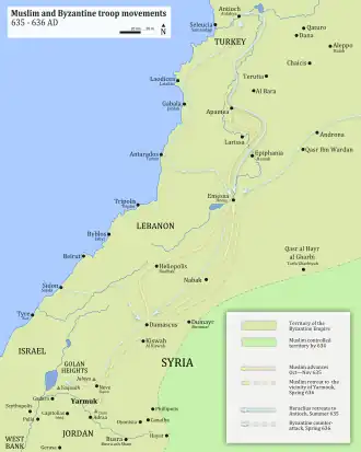 A map with Muslim-Byzantine troop movements from September 365 to just before the event of the Battle of Yarmouk