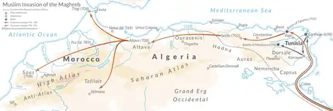 Map depicting routes of the Muslim conquest of the Maghreb