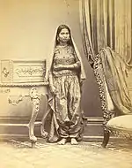 Muslim woman, in Sind, India, in salwar-style pajamas, 1870.