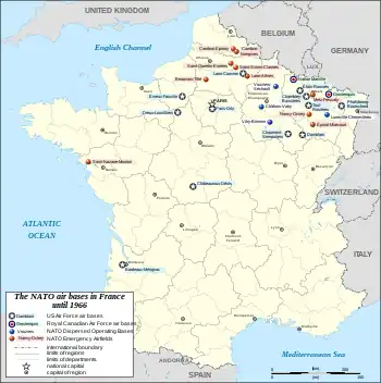  A map of France with red and blue markings indicating air-force bases in 1966.