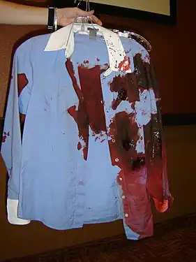 Fired squibs on a shirt worn during the death of a character in an episode of the US police drama NCIS