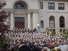 The Band of the Fighting Irish plays on the steps of Bond Hall before every home game