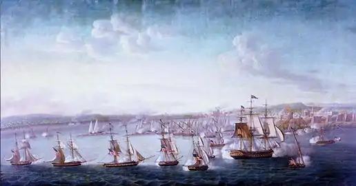 Image 36A US Navy expedition under Commodore Edward Preble engaging gunboats and fortifications in Tripoli, 1804 (from Libya)