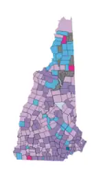 Image 23Largest reported ancestry groups in New Hampshire by town as of 2013. Dark purple indicates Irish, light purple English, pink French, turquoise French Canadian, dark blue Italian, and light blue German. Gray indicates townships with no reported data. (from New Hampshire)