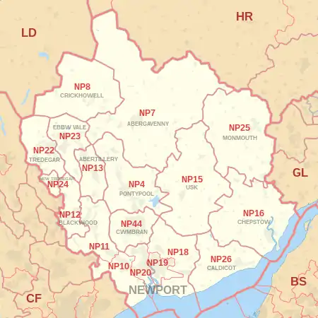 NP postcode area map, showing postcode districts, post towns and neighbouring postcode areas.