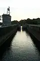 Savannah Bluff Lock and Dam; Empty lock chamber, 1937 control structure to left.