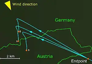 Reconstructed trajectories of individual fragments which were distorted by the wind.