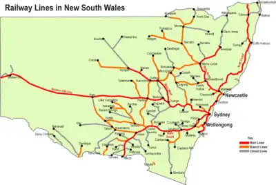 New South Wales showing railways connecting towns and major centres.