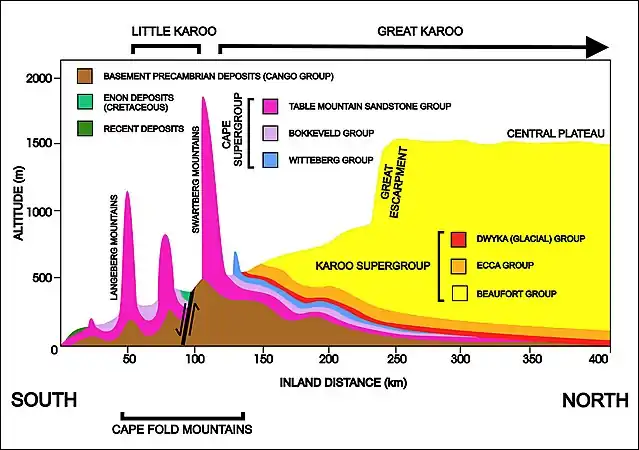 A diagrammatic 400 km north–south crosssection through the Cape at approximately 21° 30' E (i.e. near Calitzdorp in the Little Karoo), showing the relationship between the Cape Fold Mountains (and their geological structure) and the geology of the Little and Great Karoo, as well as the position of the Great Escarpment. The colour code for the geological layers is the same as those used in the diagram above. The heavy black line flanked by opposing arrows is the fault that runs for nearly 300 km along the southern edge of the Swartberg Mountains. The Swartberg Mountain range owes some of its great height to upliftment along this fault line. The subsurface structures are not to scale.