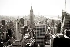 View of nearby buildings from Top of the Rock in black-and-white