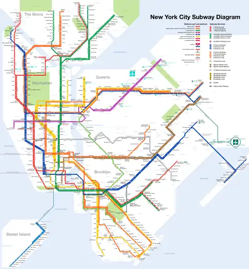 Image 4New York City SubwayMap: CountZA transit map of the New York City Subway, one of the oldest and most extensive public transportation systems in the world. Operated by the Metropolitan Transportation Authority of the State of New York, it has 468 stations in operation on 209 mi (337 km) of routes, with 842 miles (1,355 km) of track. It is the busiest rapid transit rail system by annual ridership in the Western Hemisphere, and fifth busiest in the world. Its stations are located throughout the boroughs of Manhattan, Brooklyn, Queens and the Bronx. Staten Island has its own rail line which is not part of the system, but is included in the map as well.More selected pictures