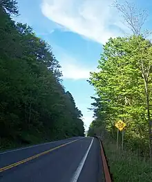 A two-lane road in a wooded area where one side of the road has a steep slope. A "Fallen Rock Zone" sign is visible on the right of the road.