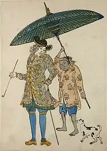 Nagasaki print of a Dutchman with his Javanese manservant and a dog, late C18 (British Museum)