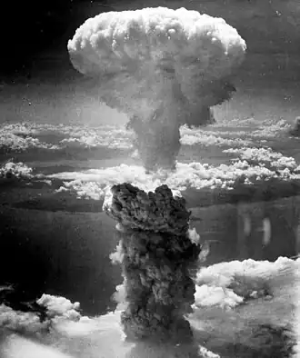 Image 74The mushroom cloud of the atomic bomb dropped on Nagasaki, Japan, on 9 August 1945 rose over 18 kilometres (11 mi) above the bomb's hypocenter. An estimated 39,000 people were killed by the atomic bomb, of whom 23,145–28,113 were Japanese factory workers, 2,000 were Korean slave laborers, and 150 were Japanese combatants. (from Nuclear fission)