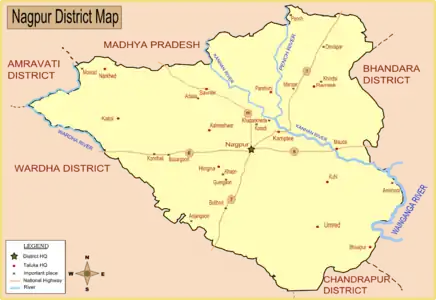 Map of Nagpur district with major towns(including Narkhed) and rivers.