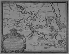 Nakskov and surrounding area (up = south) as depicted by the Swedish king's cartographer during the siege of Nakskov in 1658.