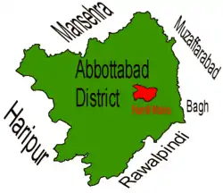 Location of Namli Mera  (highlighted in red) within Abbottabad district, the names of the neighbouring districts to Abbottabad are also shown