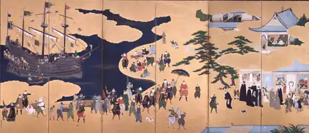 Nanban trade. The screen shows foreigners arriving at a shore of Japan. Kano Naizen "Nanbanjin Inauguration" (right), circa 1600.