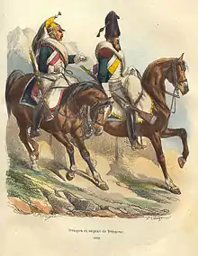 Color print of two cavalrymen riding brown horses. Both dragoons wear white gloves and dark green coats open in front to show a white waistcoat. The trooper on the right has a bearskin hat, gray breeches, and orange-yellow regimental facings; the one on the left sports a brass dragoon helmet, white breeches, and madder red facings.