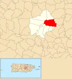 Location of Naranjo within the municipality of Comerío shown in red