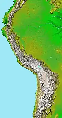 Image 12Topographic map of the Andes by the NASA. The southern and northern ends of the Andes are not shown. The Bolivian Orocline is visible as a bend in the coastline and the Andes lower half of the map. (from Andean orogeny)