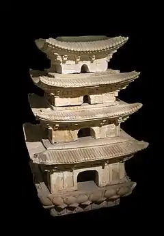 Terracotta pagoda model with lotus, bodhi leaf, dancer decoration, Hanoi (11th–13th century)