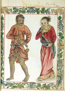 Tagalog royal couple in red, the distinctive color of their class.