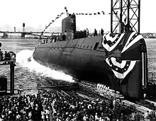 Image 55The launching ceremony of the USS Nautilus January 1954. In 1958 it would become the first vessel to reach the North Pole. (from Nuclear power)