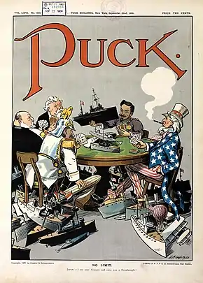 1909 cartoon in Puck shows (clockwise) US, Germany, Britain, France and Japan engaged in naval race in a "no limit" game.