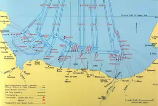 Map of the invasion area: Gold, Juno and Sword Beaches are in the eastern half of the landing area, with Ver-sur-Mer marked at junction of Gold Beach and Juno Beach, near the centre of the map