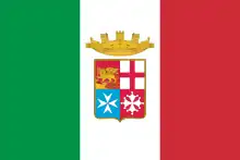 The naval ensign of Italy, a charged vertical triband.