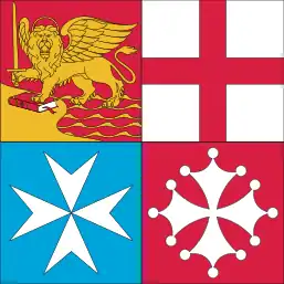 Ensign of the Italian Navy, sporting the coat of arms of the four main maritime republics. Clockwise, starting from the upper left: Venice, Genoa, Pisa, Amalfi.