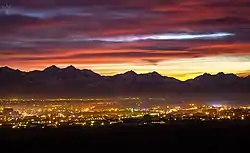 Nazranovsky District against the backdrop of the Caucasus Mountains