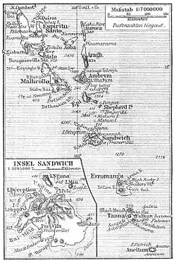 1905 map of New Hebrides, still showing Franceville as alternative name for Port Vila