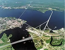 Aerial photograph of the confluence of the Trent and Neuse Rivers.  East is up.  The city of New Bern is on the left.  The unincorporated community of James City is to the lower right.  The Trent flows from the bottom center of the picture.