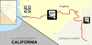 Nevada State Route 207 starts near the shores of Lake Tahoe and runs east through Daggett Pass to meet SR206 near Minden.