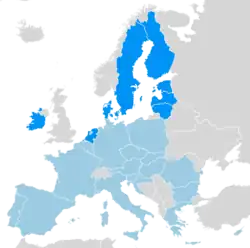 Map of the European Union in light blue with the members of the New Hanseatic League in dark blue