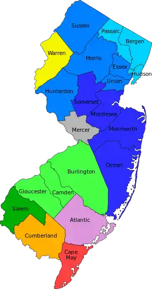 Image 11Metropolitan statistical areas and divisions of New Jersey; those shaded in blue are part of the New York City Metropolitan Area, including Mercer and Warren counties. Counties shaded in green, including Atlantic, Cape May, and Cumberland counties, belong to the Philadelphia Metropolitan Area. (from New Jersey)