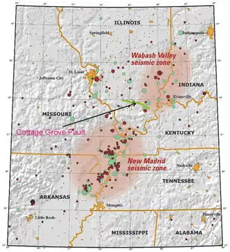 Jutting off the Wabash Valley seismic zone on the Illinois–Indiana border is the Cottage Grove Fault. To the south, on the edge of Missouri, is the New Madrid seismic zone.