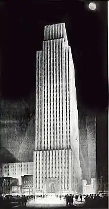 New York's Daily News Building features a number of setbacks. It was designed by architect Raymond Hood in 1929. The 1916 Zoning Resolution of New York led to many soaring, setbacked towers.