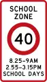 (R1-6.1) 40 km/h school zone speed limit in effect during times specified (2016-2022)