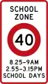 (R1-6.1) 40 km/h school zone speed limit in effect during times specified (199?-2016)