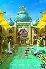 The player character is standing near the entrance to a tall gold-and-blue building.